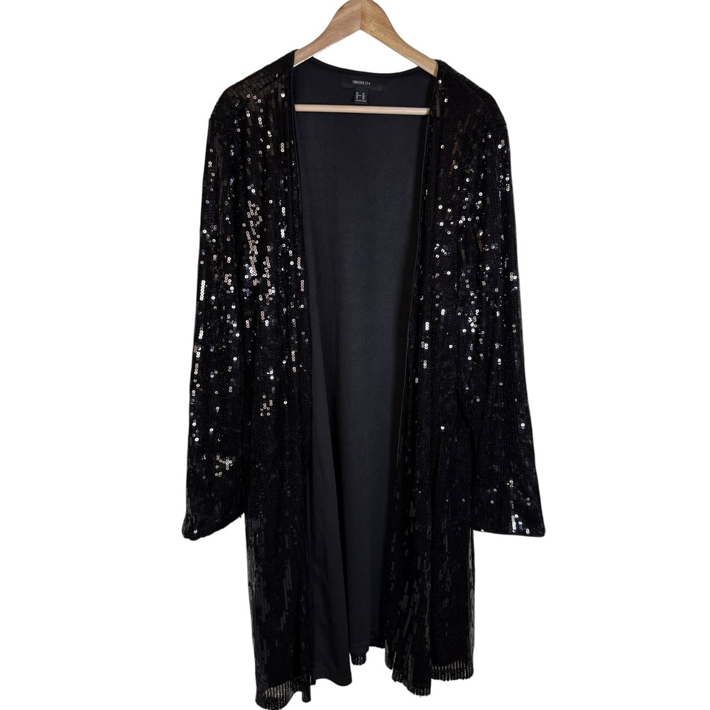 Forever 21+ Sequin Cardigan Women 3X Black Excellent Longline Open Front Sparkly